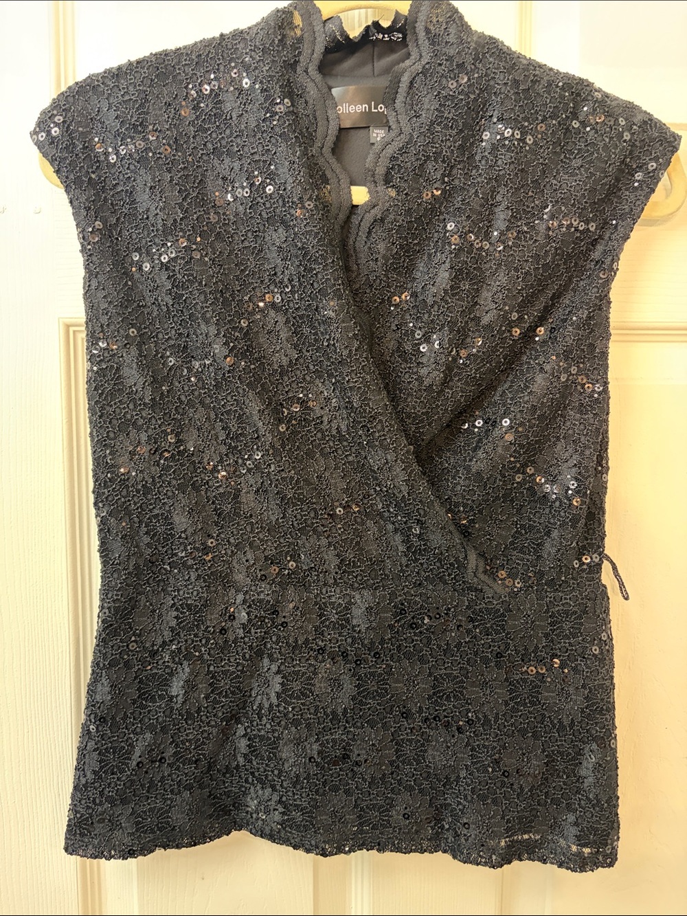 Colleen Lopez Black Sequin Lace Wrap-Style Sleeveless  Top